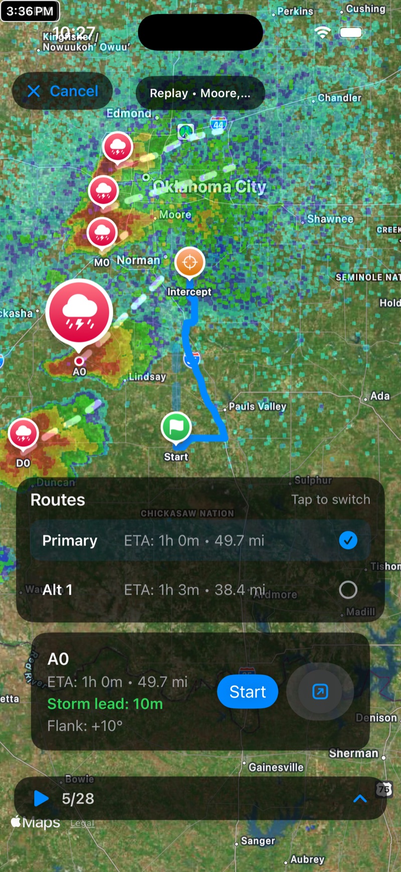 Intercept route preview with ETA and storm lead time