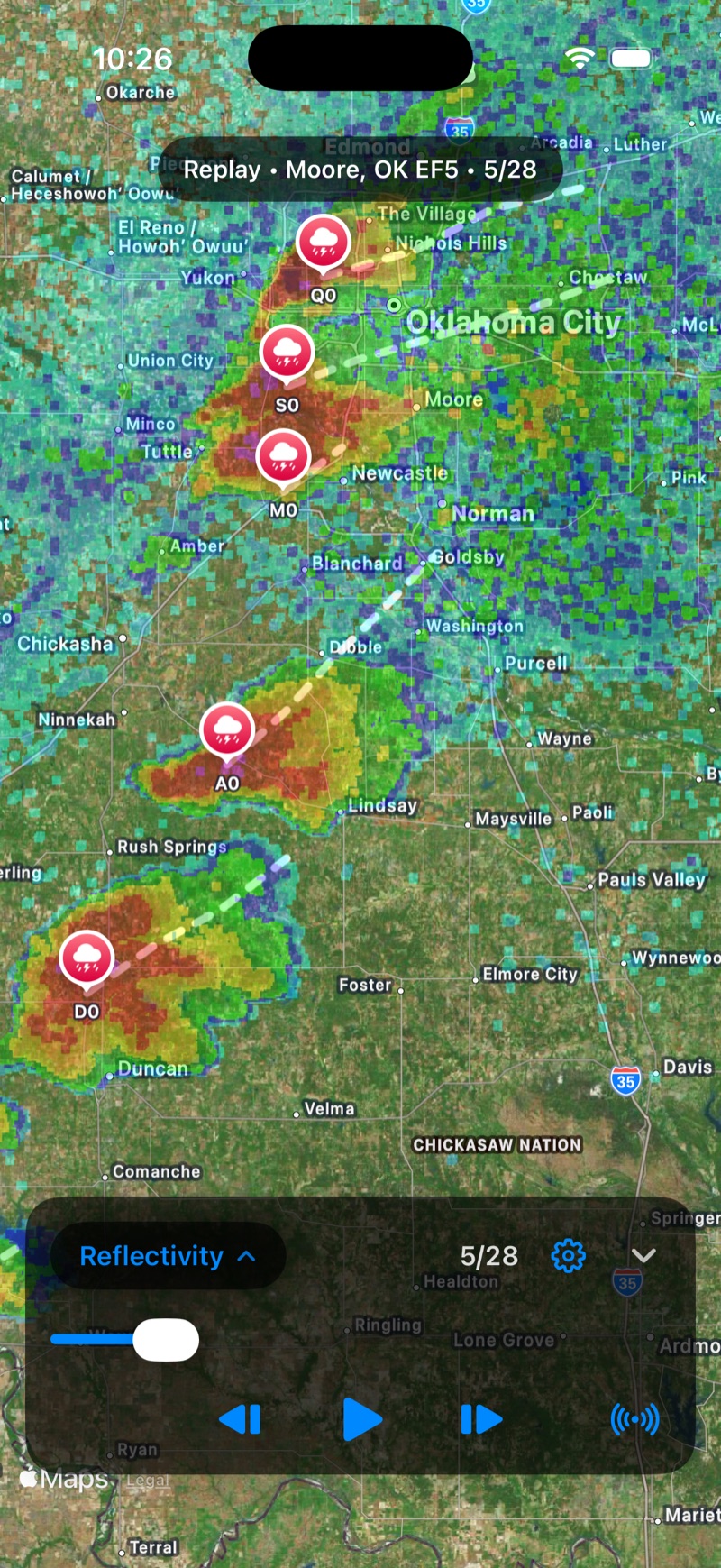Live radar with storm cells and motion tracks