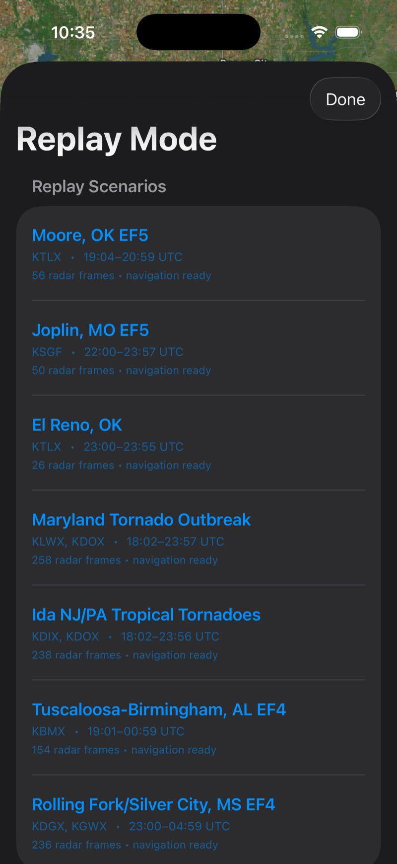 Replay Mode historic tornado events